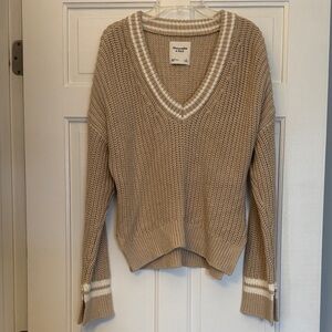 Abercrombie & Fitch Beige V-Neck Sweater with White Trim